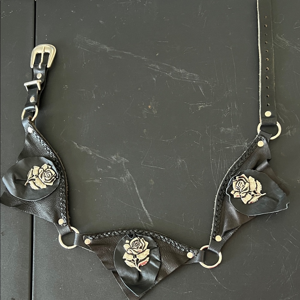 Black Leather Rose Embellished Belt
